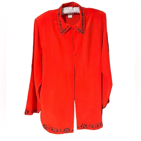 Vintage 100% Silk Red w/ Black Embroidering 2 Button Cardigan Open Blouse - Picture 1 of 16